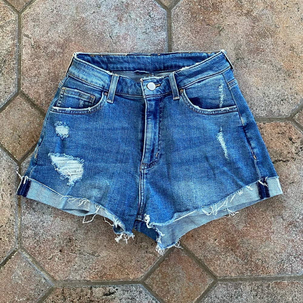 H&M High Waisted Distressed Denim Shorts